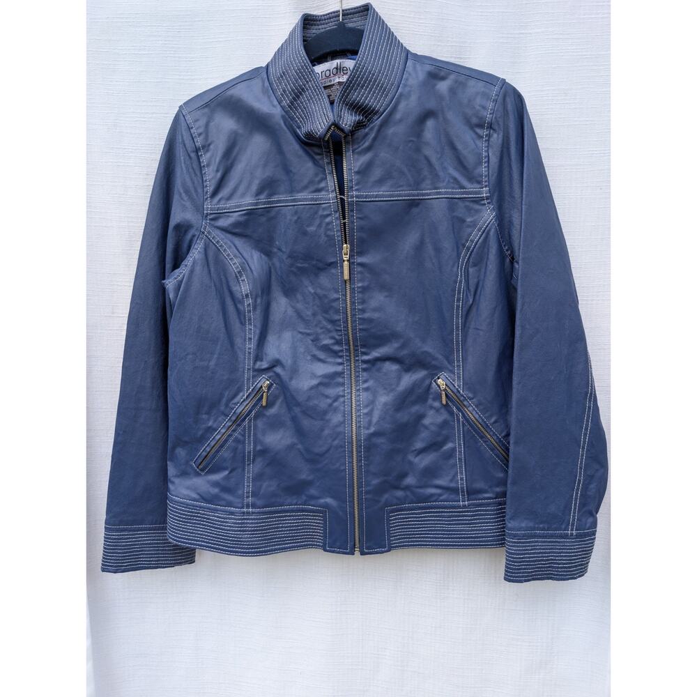 Bradley Bayou Womens Full Zip Leather Jacket Sz M Genuine Moto Bomber Blue Lined